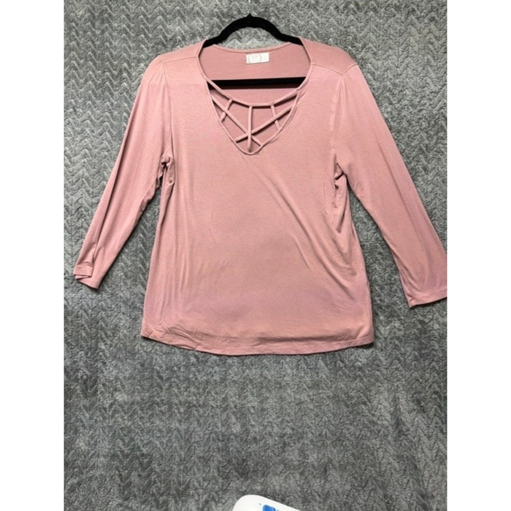 Maurices 24/7 Mauve Pink Lattice Strappy V-Neck Long Sleeve Top Size M 0698